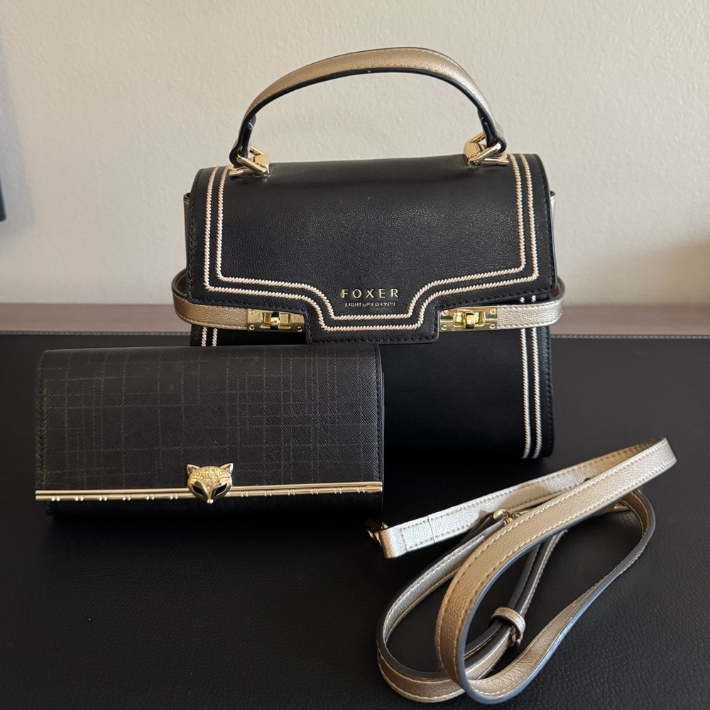 Foxer Black and Gold Women's Handbag and Wallet Set